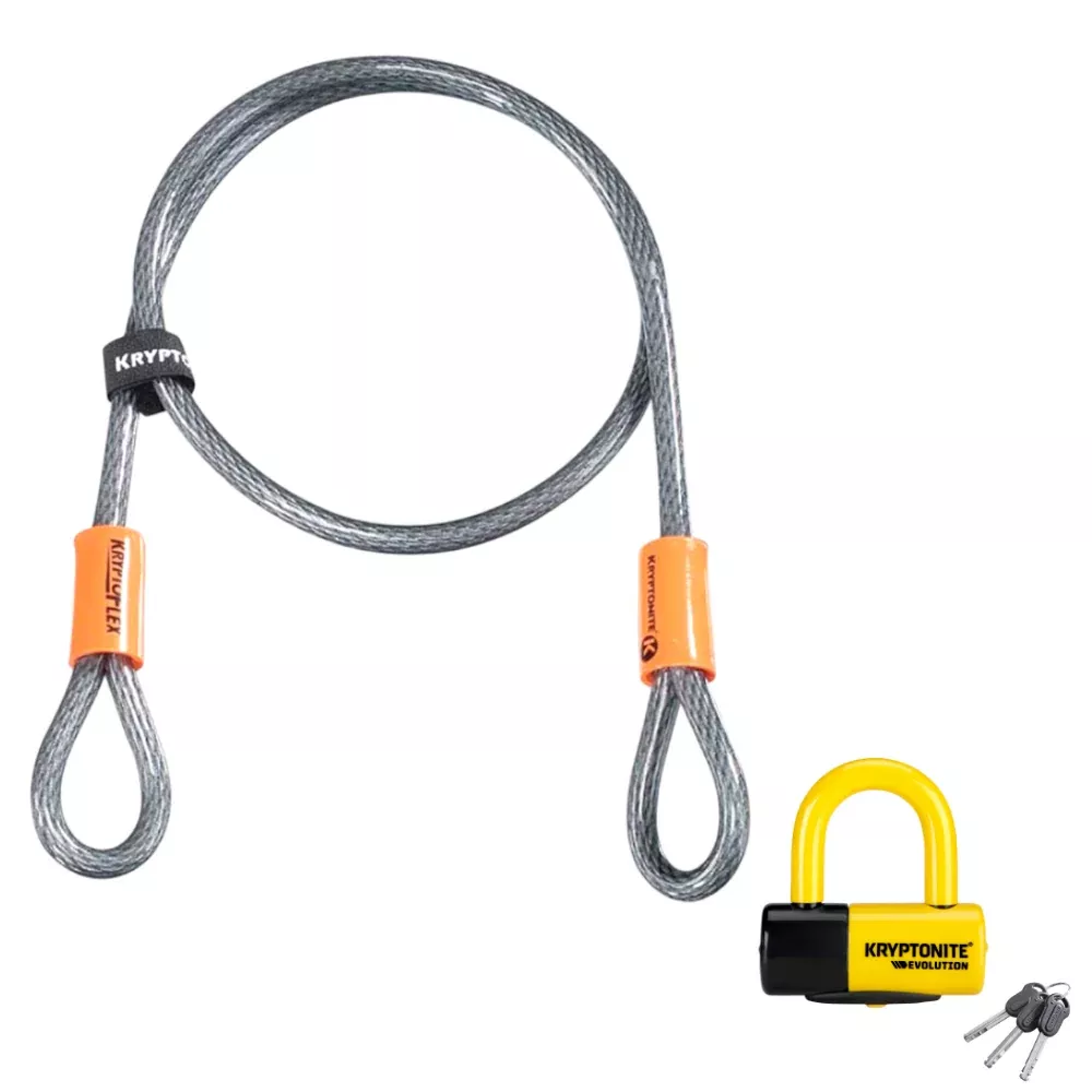 Kryptonite Evolution Series 4 Disc Lock & KryptoFlex 525 Double Loop Bundle, 14mm Heavy Duty Bike Bicycle Lock, Sold Secure Gold, High Security Anti-Theft Protection for Bicycle, E-Bike, Motorcycles
