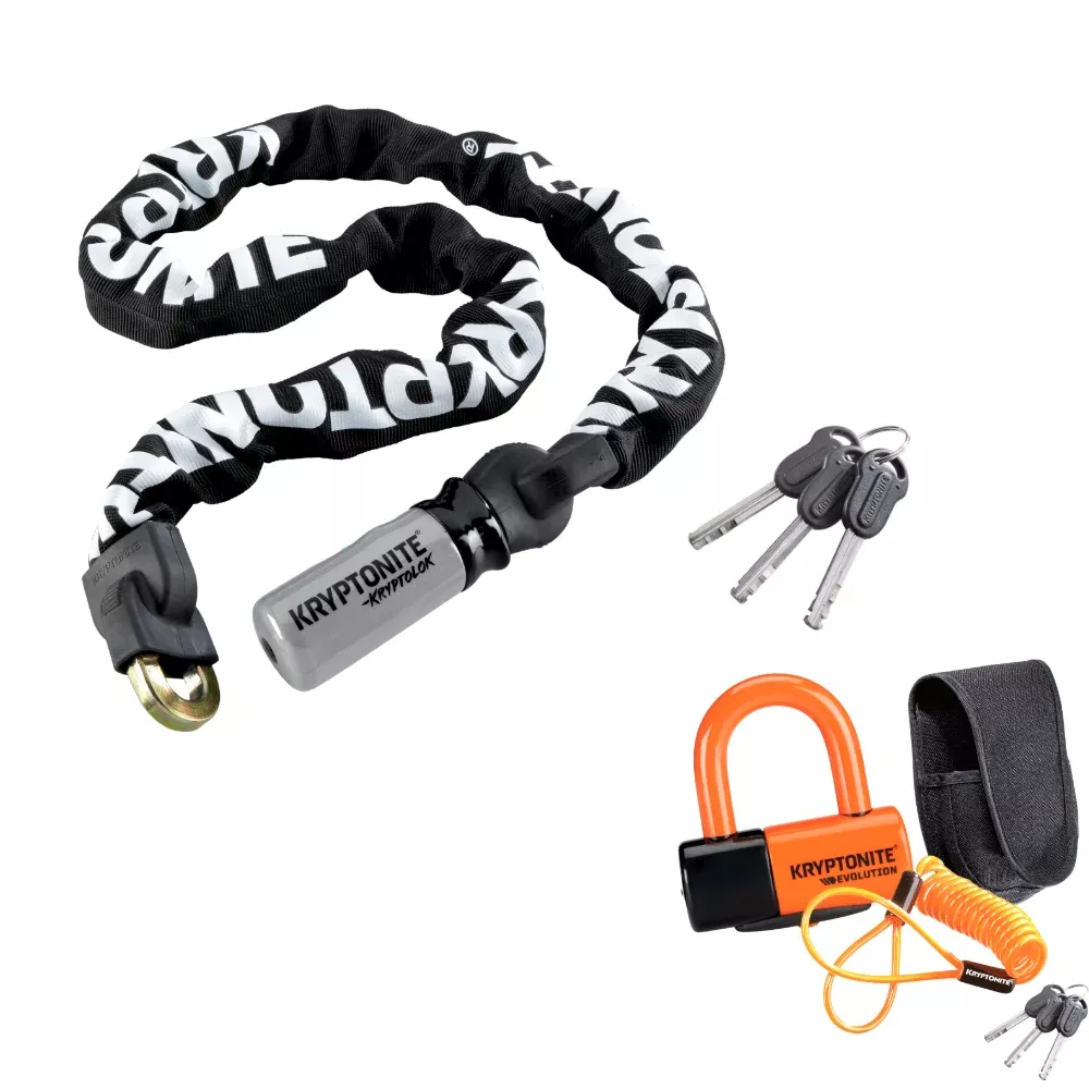 Kryptonite Evolution Series 4 Motorcycle Disc Lock & Keeper 712 Integrated Chain Lock Bundle | 14mm Hardened Steel Disc Lock + 4 ft 7mm Security Chain | Anti-Theft Lock Set for Motorcycles & Scooters