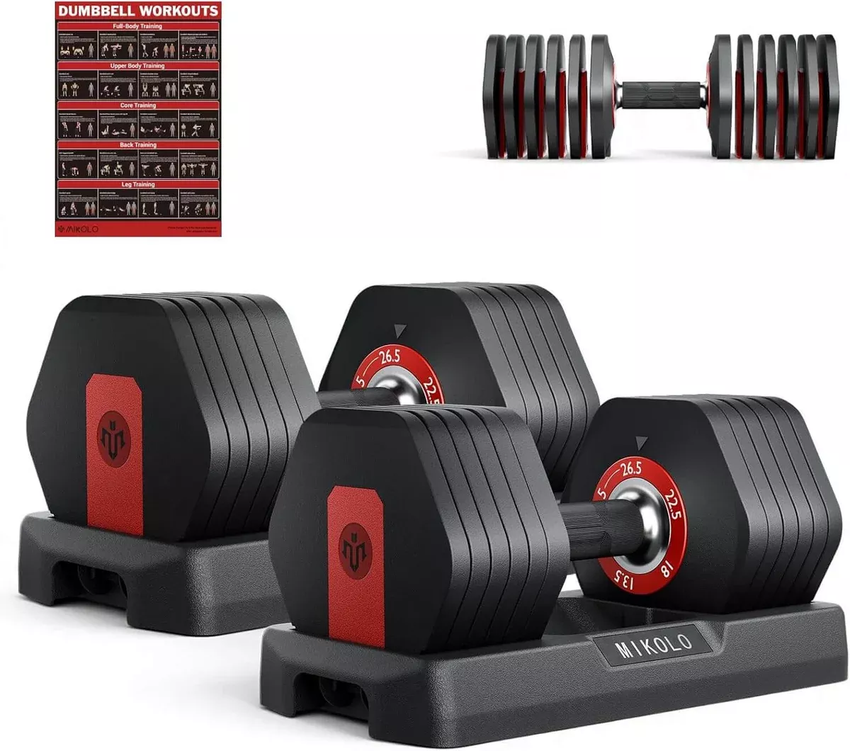 Mikolo 6-In-1 Hex Cageless Adjustable Dumbbell Set of 2